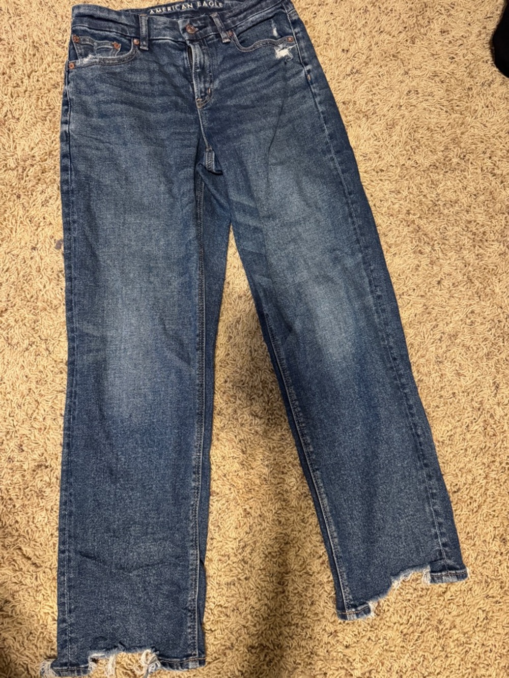 American Eagle Outfitters Blue Straight-Leg Jeans with Raw Hem